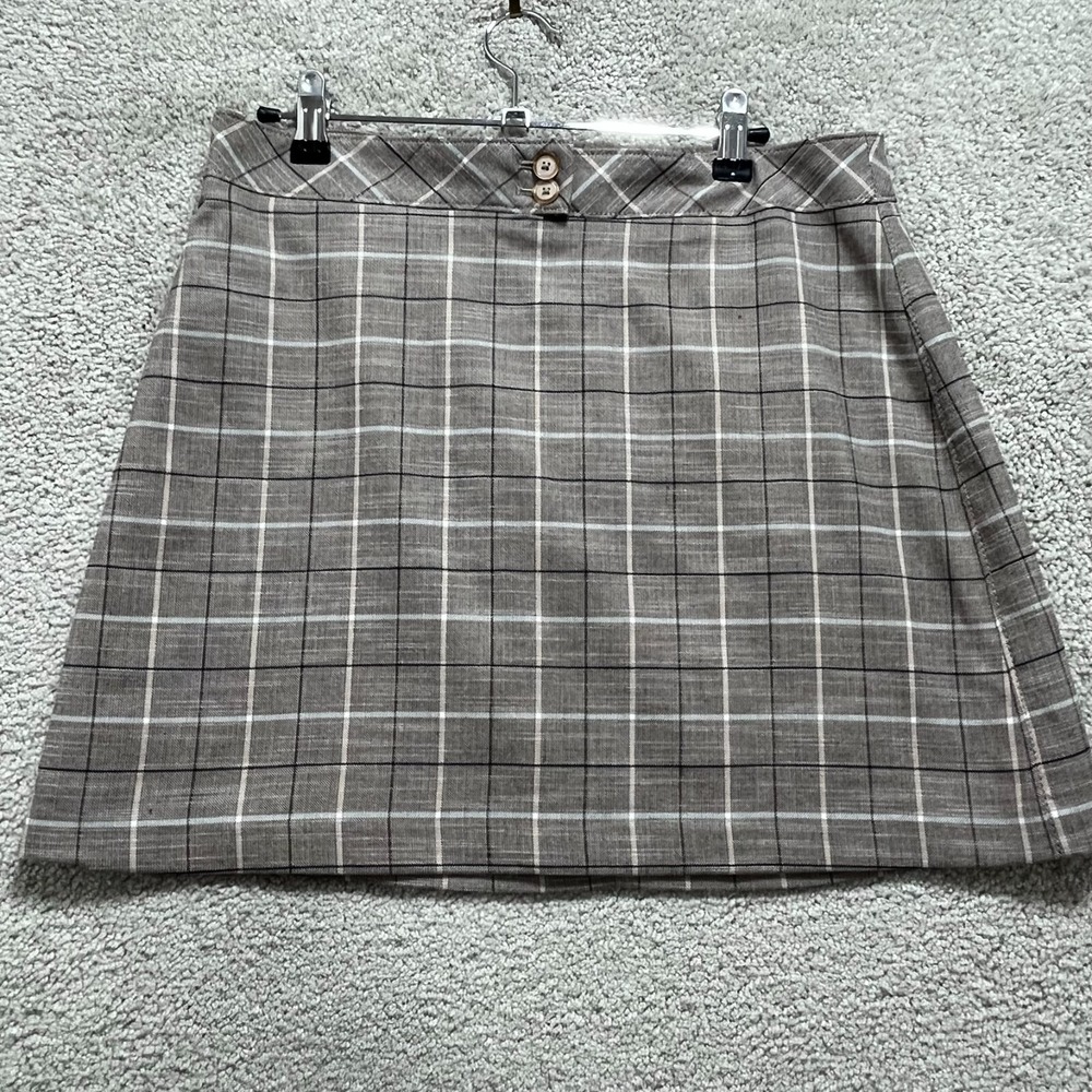 Express Skirt Women's 8 Brown Tan White Check Button Back Zip Casual‎ Pencil